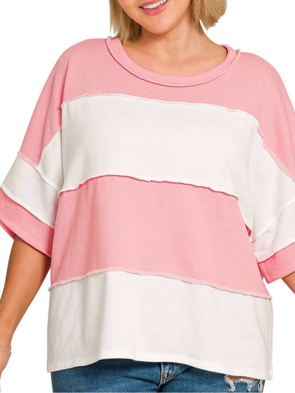 Zenana French Terry block color Exposed seam  Oversized size large Top New!